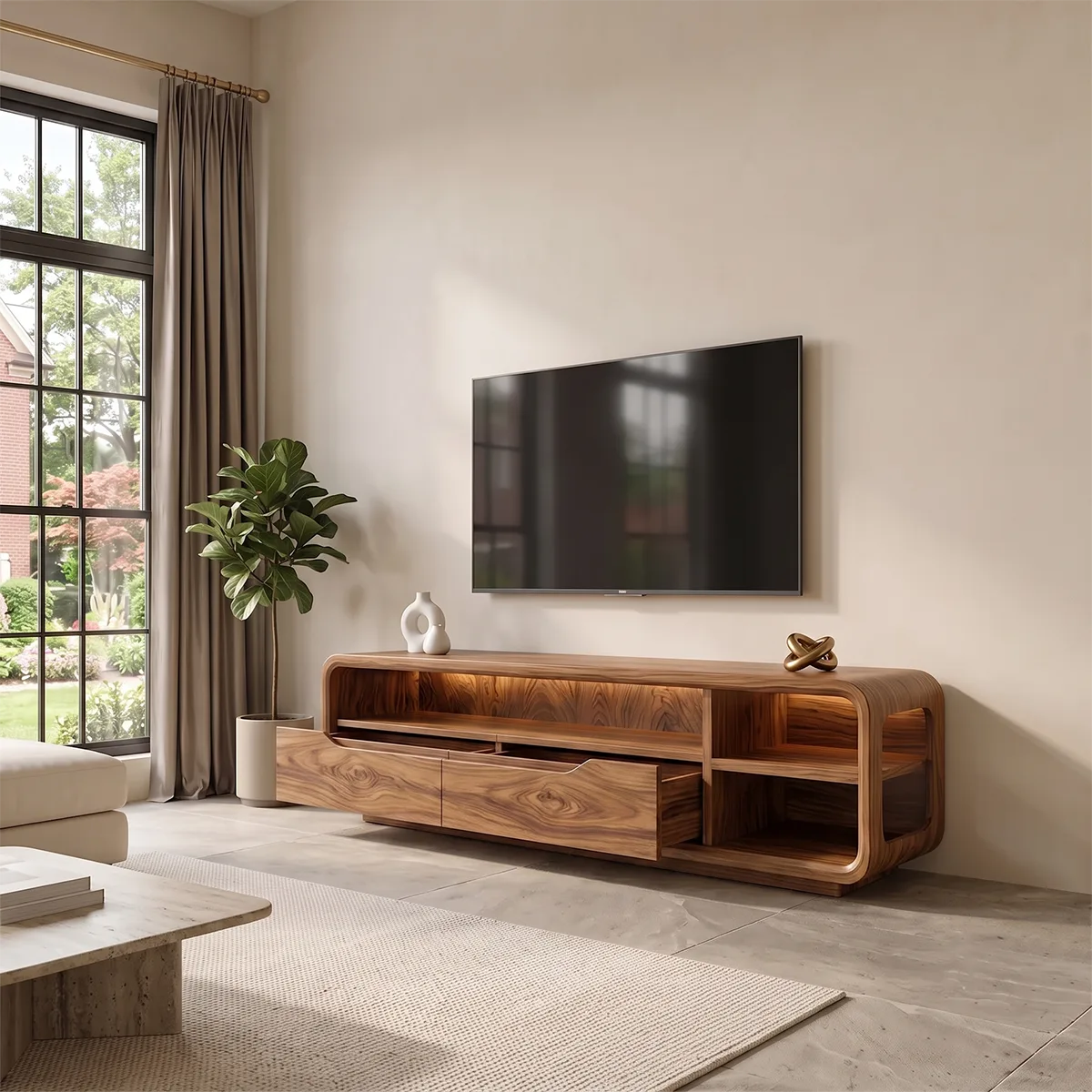 Curved TV Stand with 2 Drawers & Open Shelves | Modern Media Console TH003-5KNE4OQ