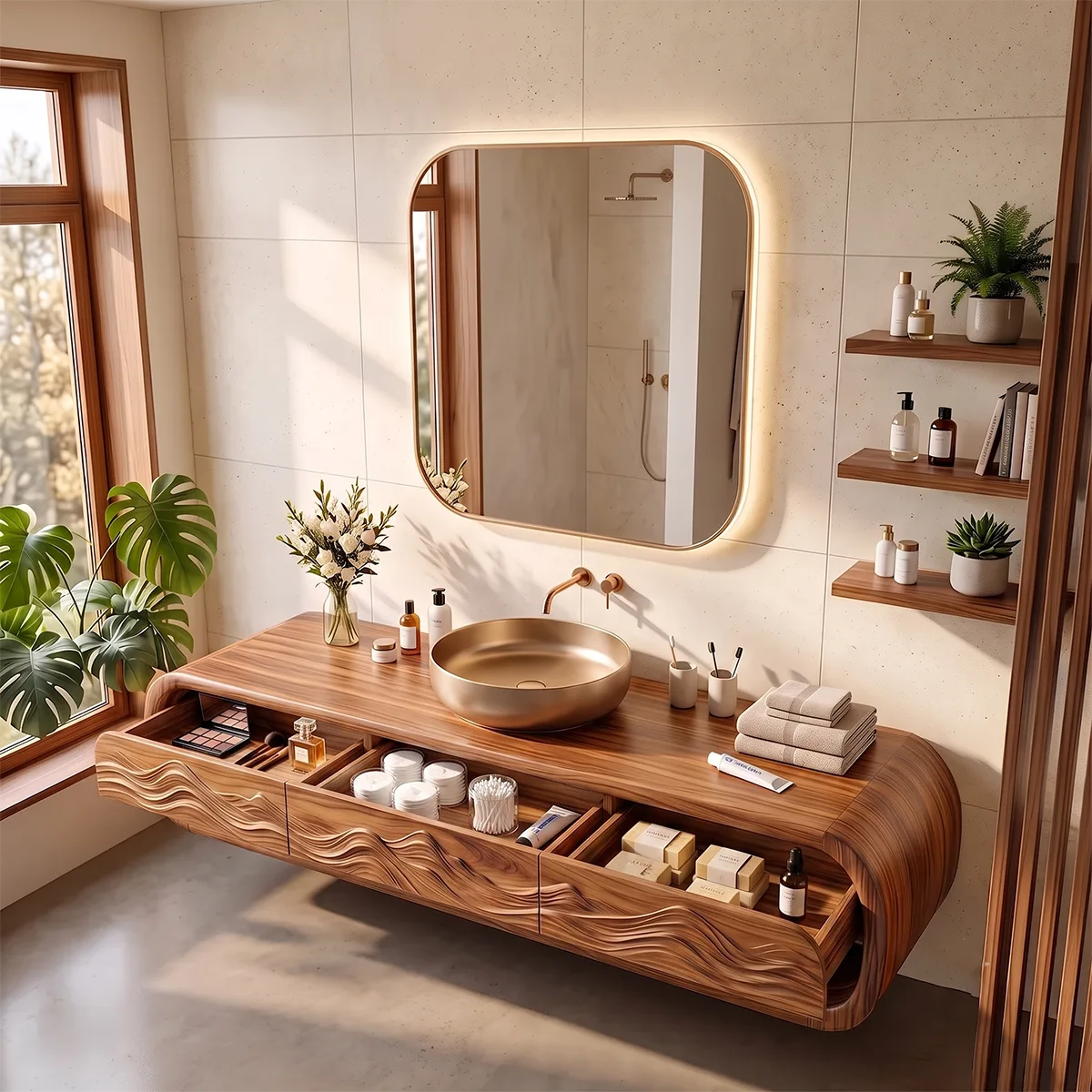 Modern Floating Bathroom Vanity with Drawers, Open Shelf & Curved Waterfall Design TH003-3PJG6FT