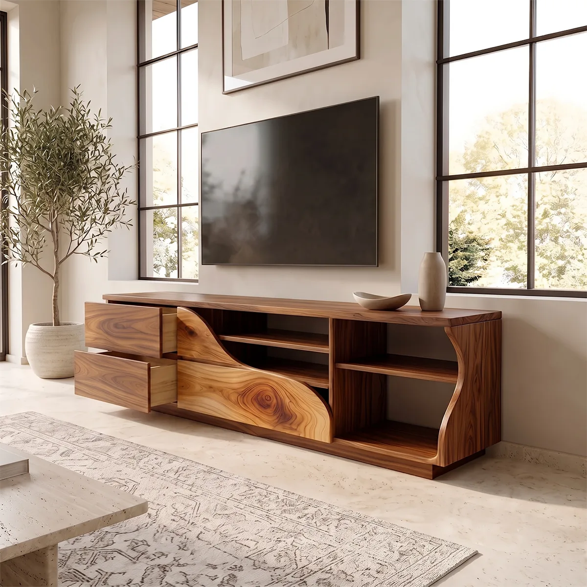 Asymmetrical TV Stand with Drawers & Open Shelves | Sculptural Media Console TH003-7SZG2XE