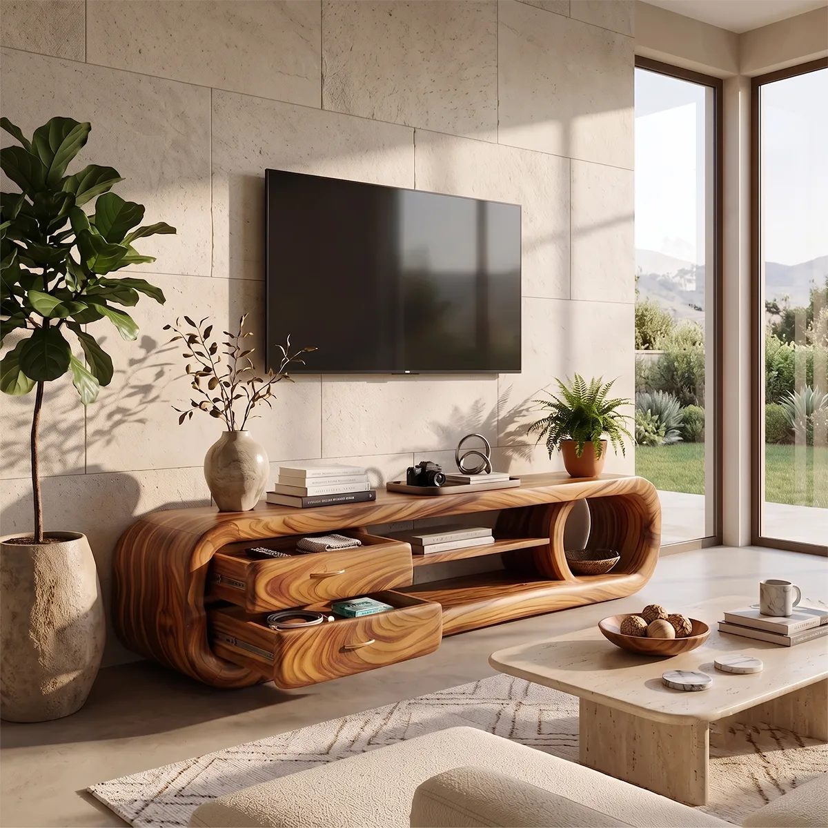 Organic Modern TV Stand with Sculptural Frame & Storage Drawers | Designer Media Console TH003-6JMS7OZ