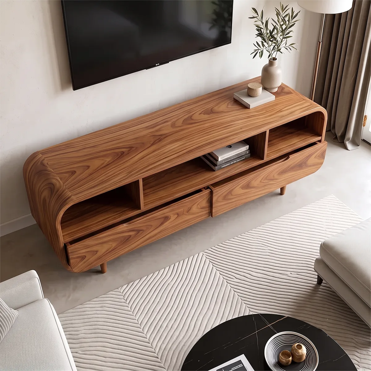Modern TV Stand with 2 Drawers & Open Storage | Rounded Media Console TH003-5IKK5IP