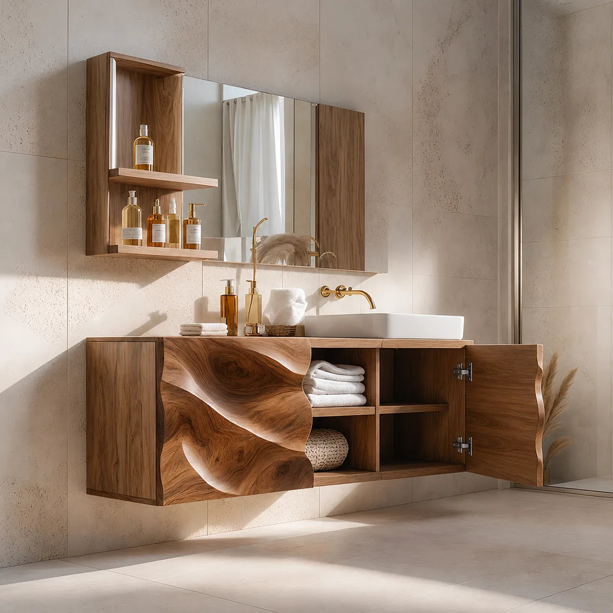 Modern Floating Bathroom Vanity with Sculpted Wave Front | Wall Mounted Bathroom Vanity TH003-3JBW4WW