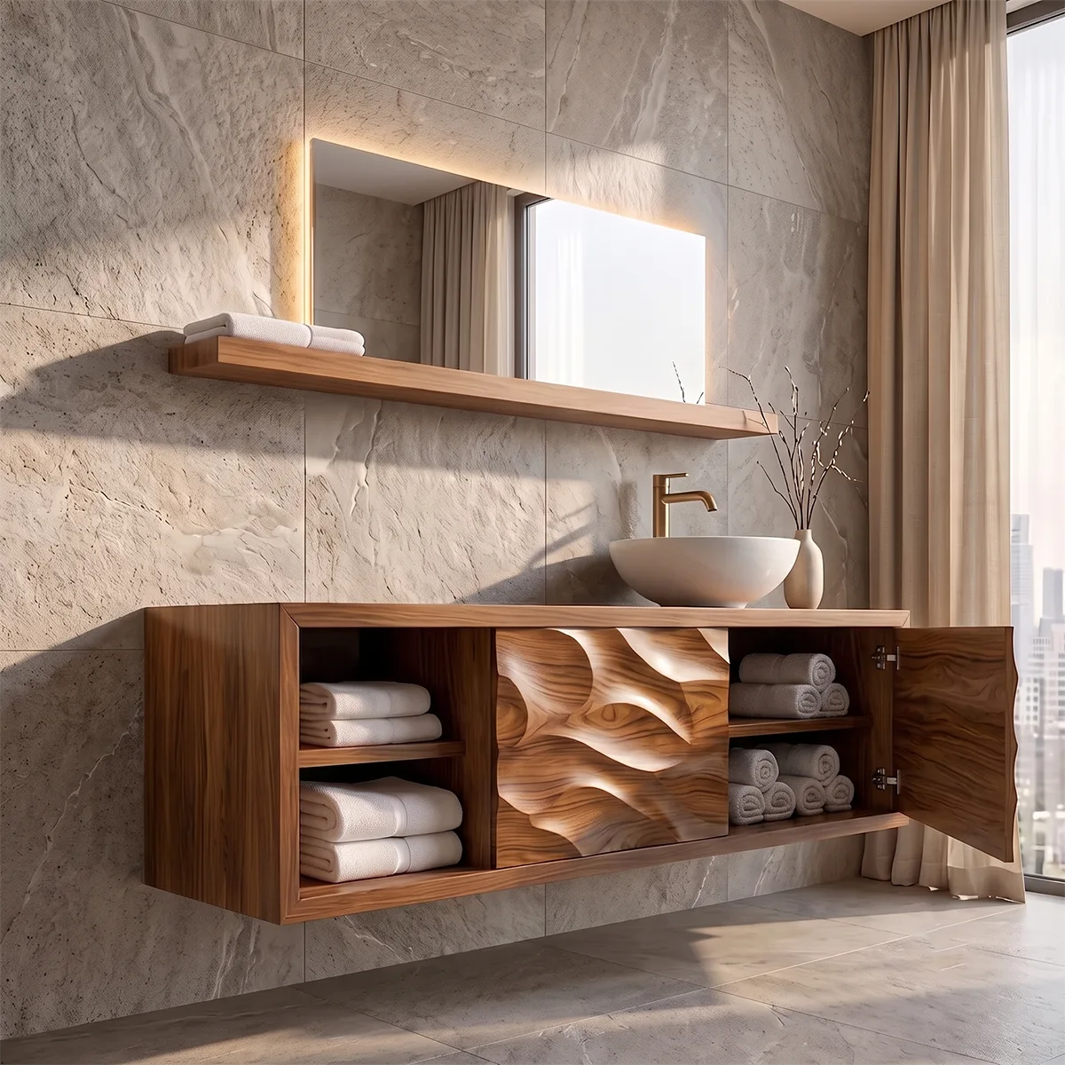 Modern Floating Bathroom Vanity with Sculpted Wave Doors | Wall Mounted Vanity Cabinet TH003-9UNQ5XS