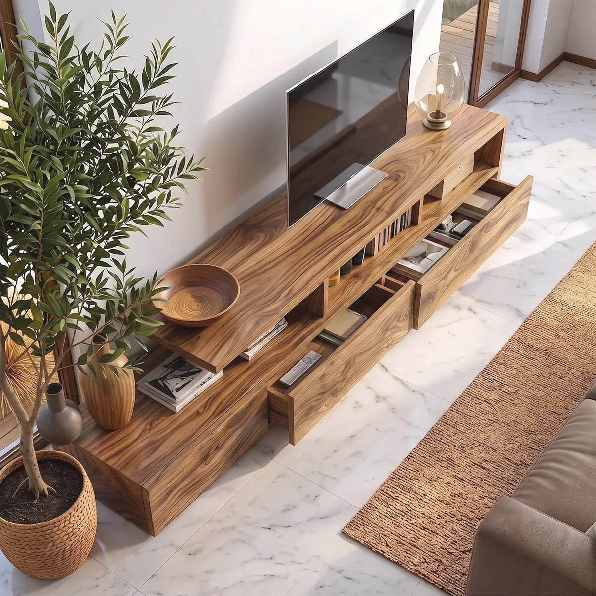 Modern TV Stand with 3 Drawers & Open Shelves | Organic Media Console TH003-4VZY8SF
