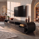 Rounded TV Stand with 4 Drawers & Open Shelves | Modern Media Console