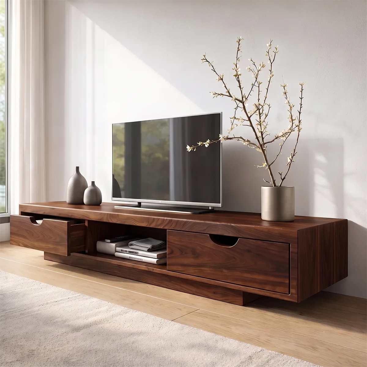 Modern TV Stand with 2 Drawers & Open Shelf | Low Profile Media Console