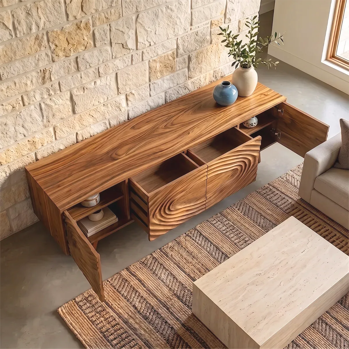 Topographic Relief TV Stand with Dual Cabinets & Center Drawers | Modern Media Console TH003-1QEW8AF