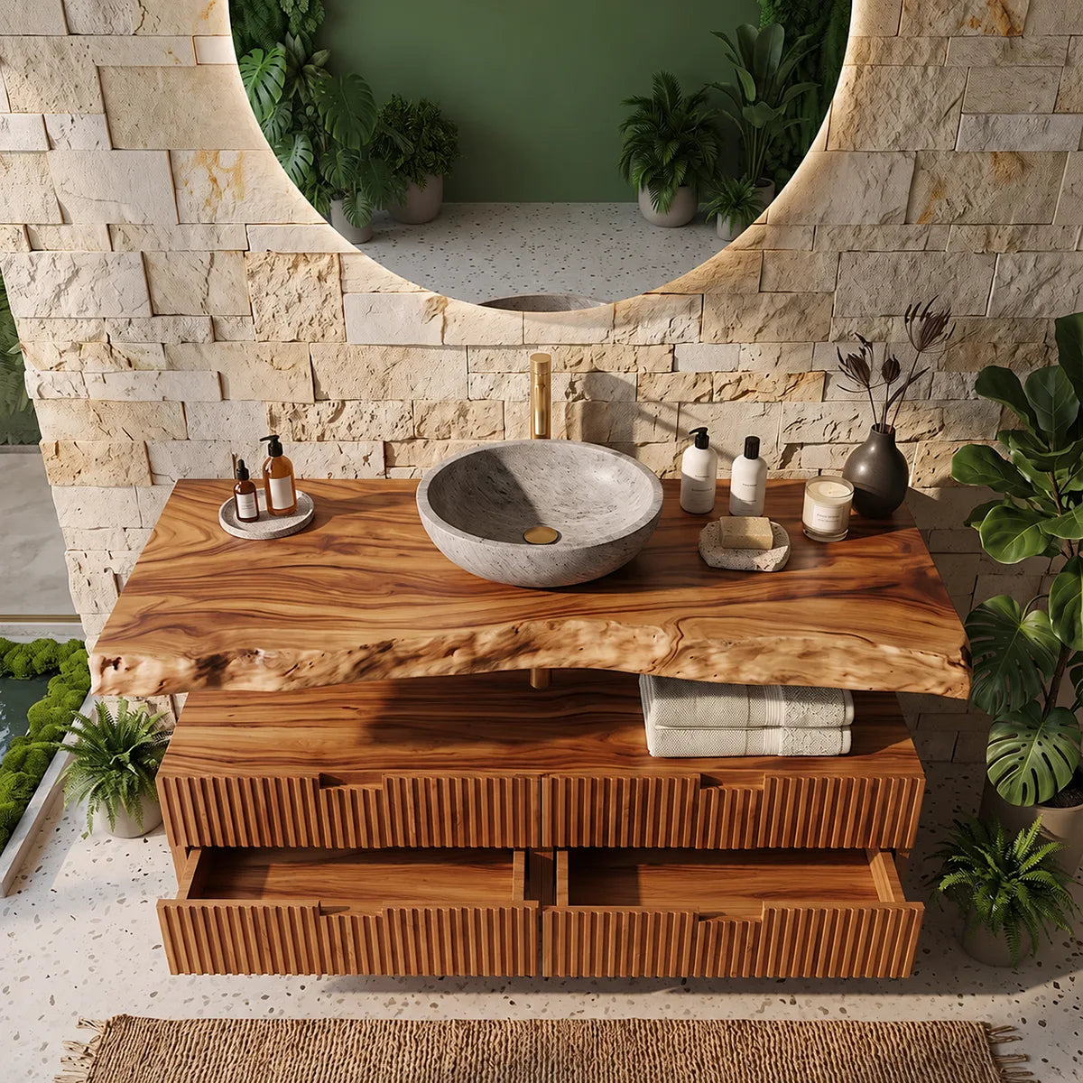 Floating Fluted Bathroom Vanity | Modern Live Edge Wood Vanity TH003-8BWH6MI
