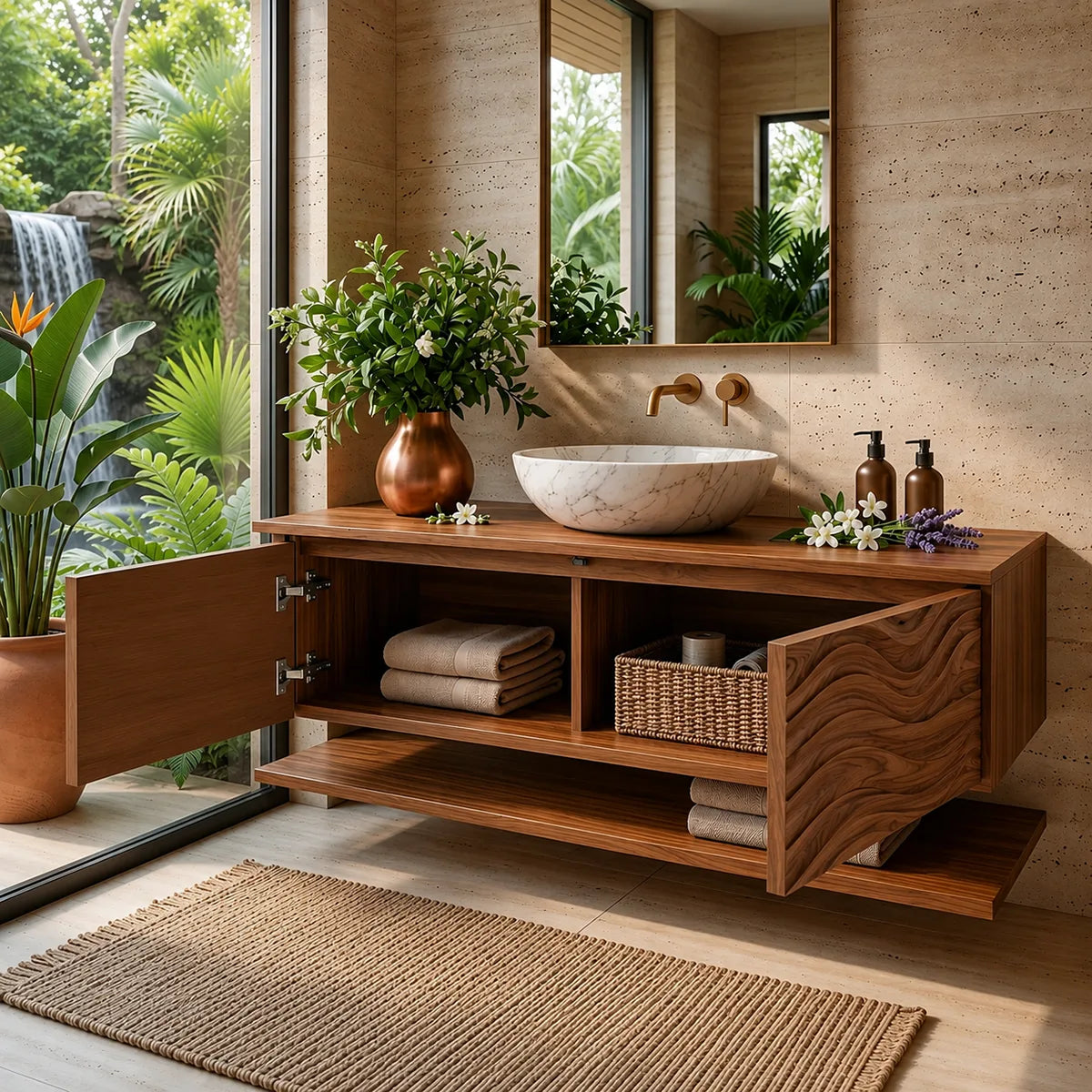 Floating Bathroom Vanity with Sculpted Doors | Modern Wall Mounted Vanity TH003-3XFL3MZ