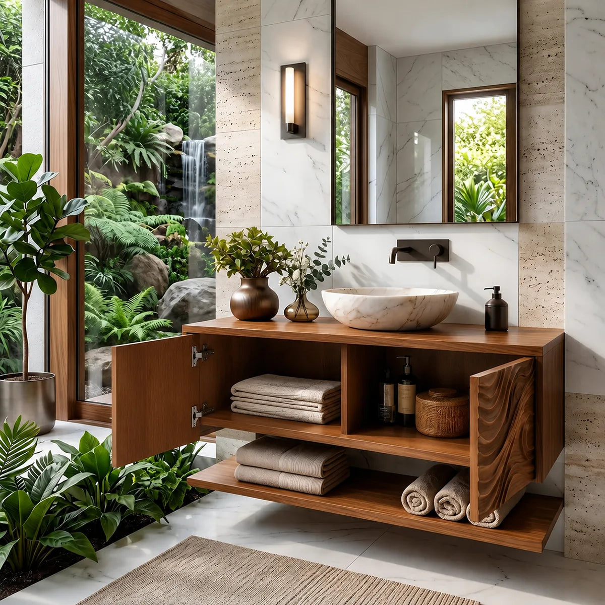 Floating Bathroom Vanity with Sculpted Wave Doors & Open Shelf | Modern Solid Wood Vanity TH003-9MII5QN