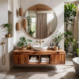Floating Solid Wood Bathroom Vanity | Modern Bathroom Vanity with Side Cabinets and Open Shelves TT006-6ICG7SP
