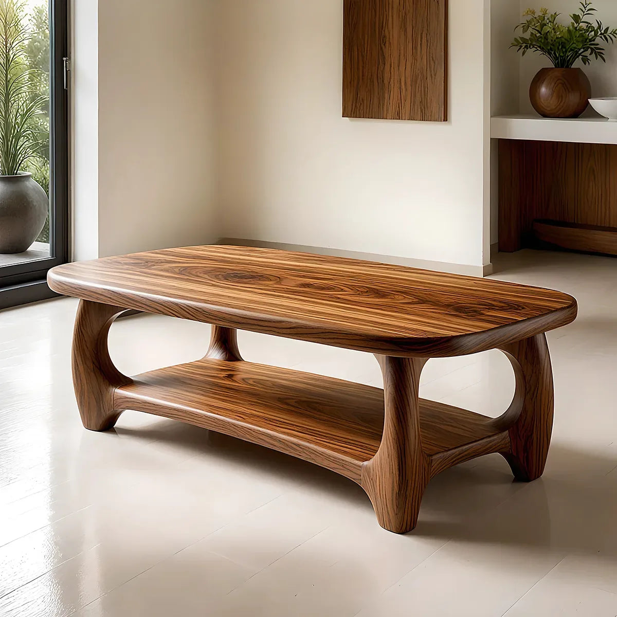 Modern Coffee Table with Open Shelf | Rounded Rectangle Center Table for Contemporary Living Room TH003-8562