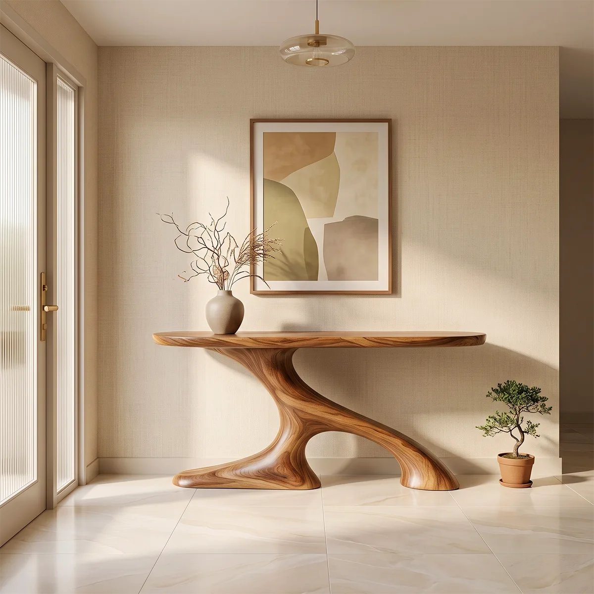 Organic Sculptural Console Table | Modern Entryway Console Table with Flowing Curved Pedestal Base TH003-9707