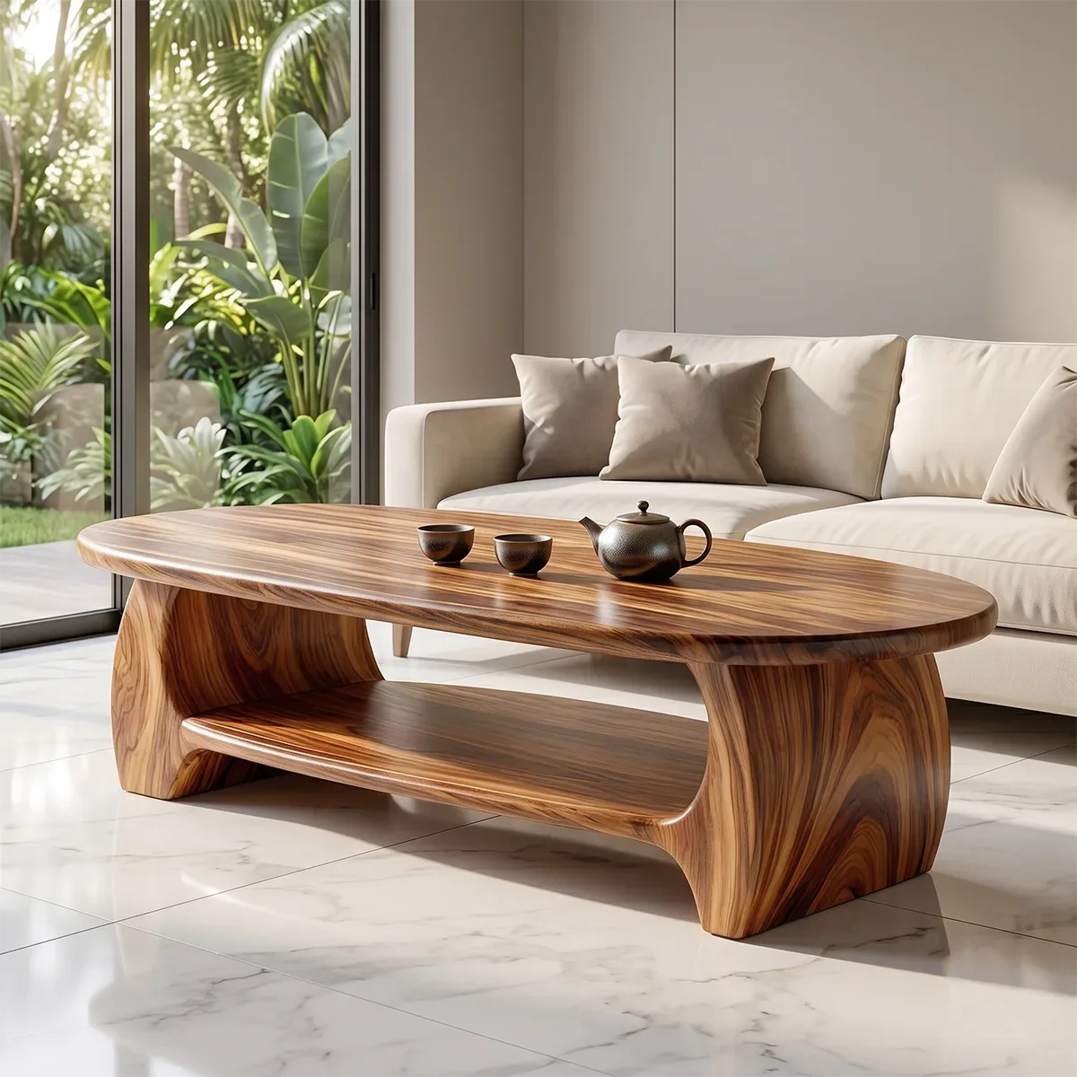 Modern Oval Coffee Table with Open Shelf | Sculptural Wood Center Table for Contemporary Living Room TH003-2398