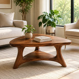 Organic Triangle Solid Wood Coffee Table with Open Shelf | Mid-Century Modern Living Room Table TT006-4619