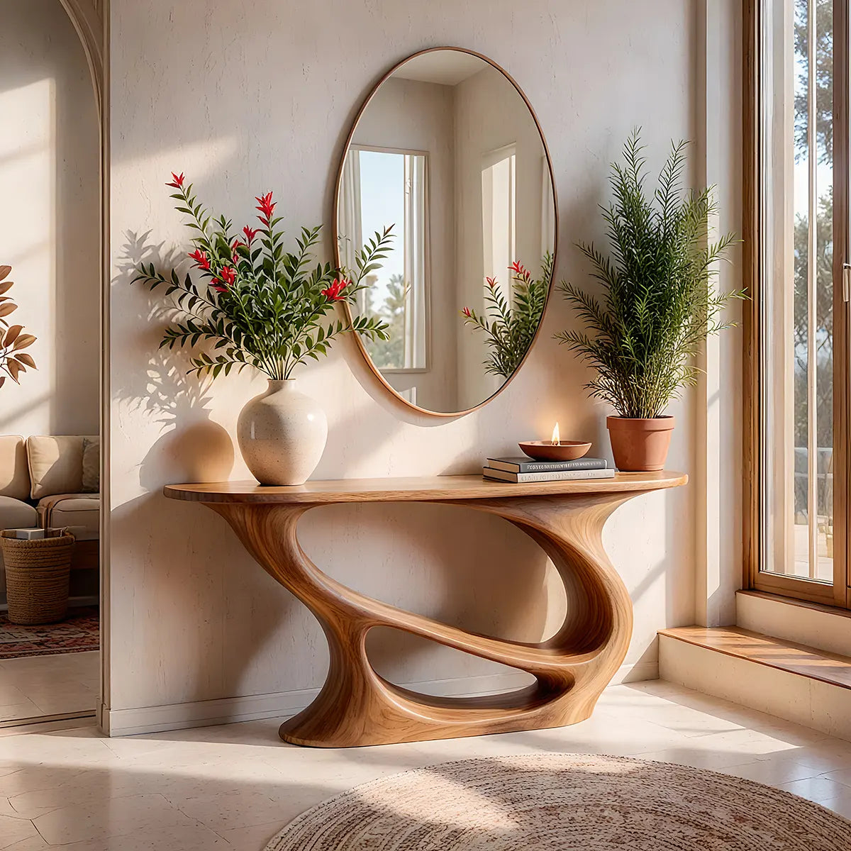 Organic Modern Console Table with Sculptural Double-Loop Base for Entryway TT006-6035