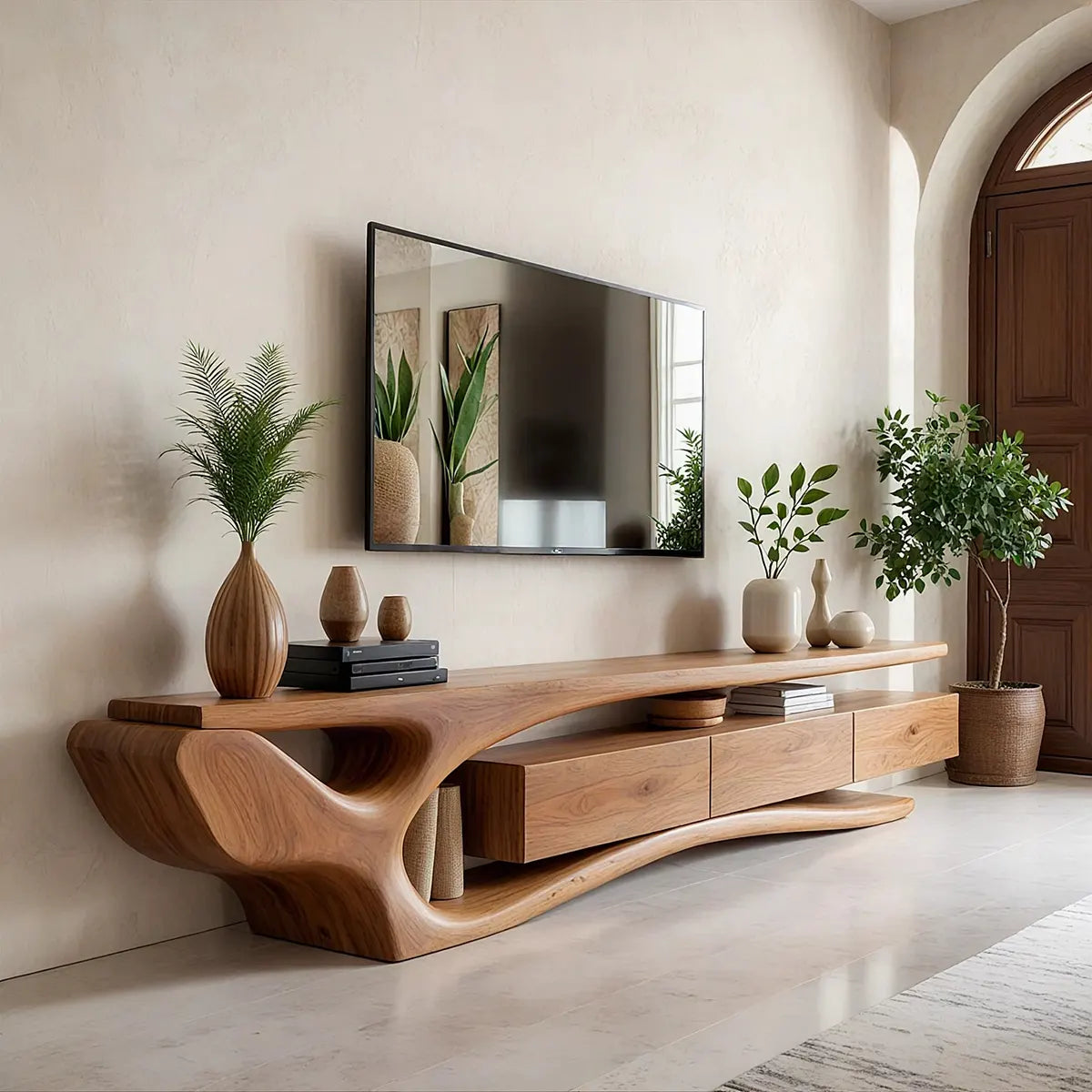 Modern Organic TV Stand with Sculptural Wave Frame & Three Drawer Storage TT006-9XJR2WM
