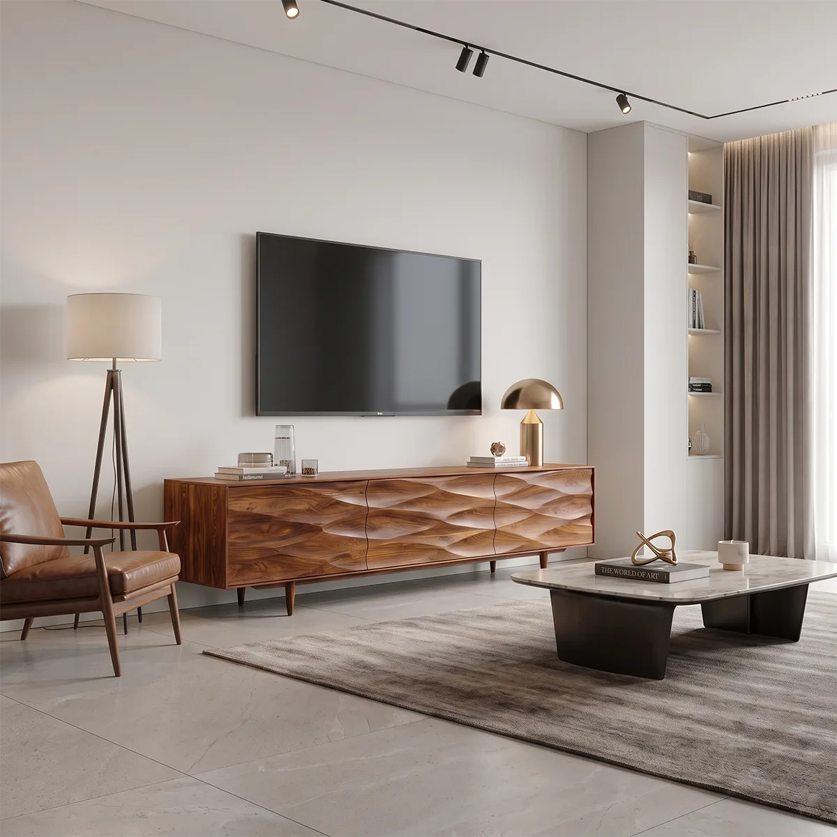 Sculptural Wave 3-Door TV Stand | Modern Carved Media Console