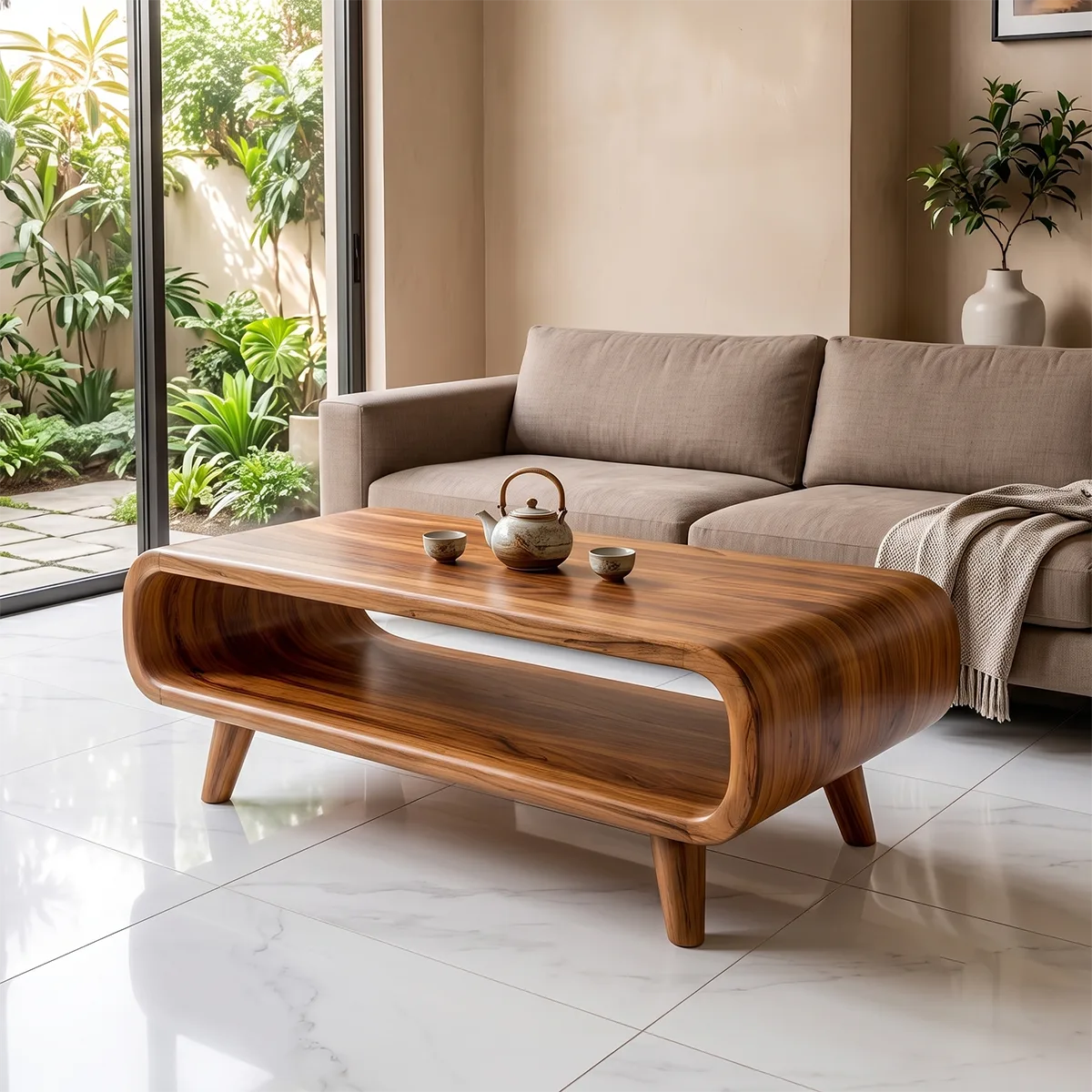 Modern Waterfall Coffee Table with Open Shelf | Mid-Century Curved Center Table for Living Room TH003-3124