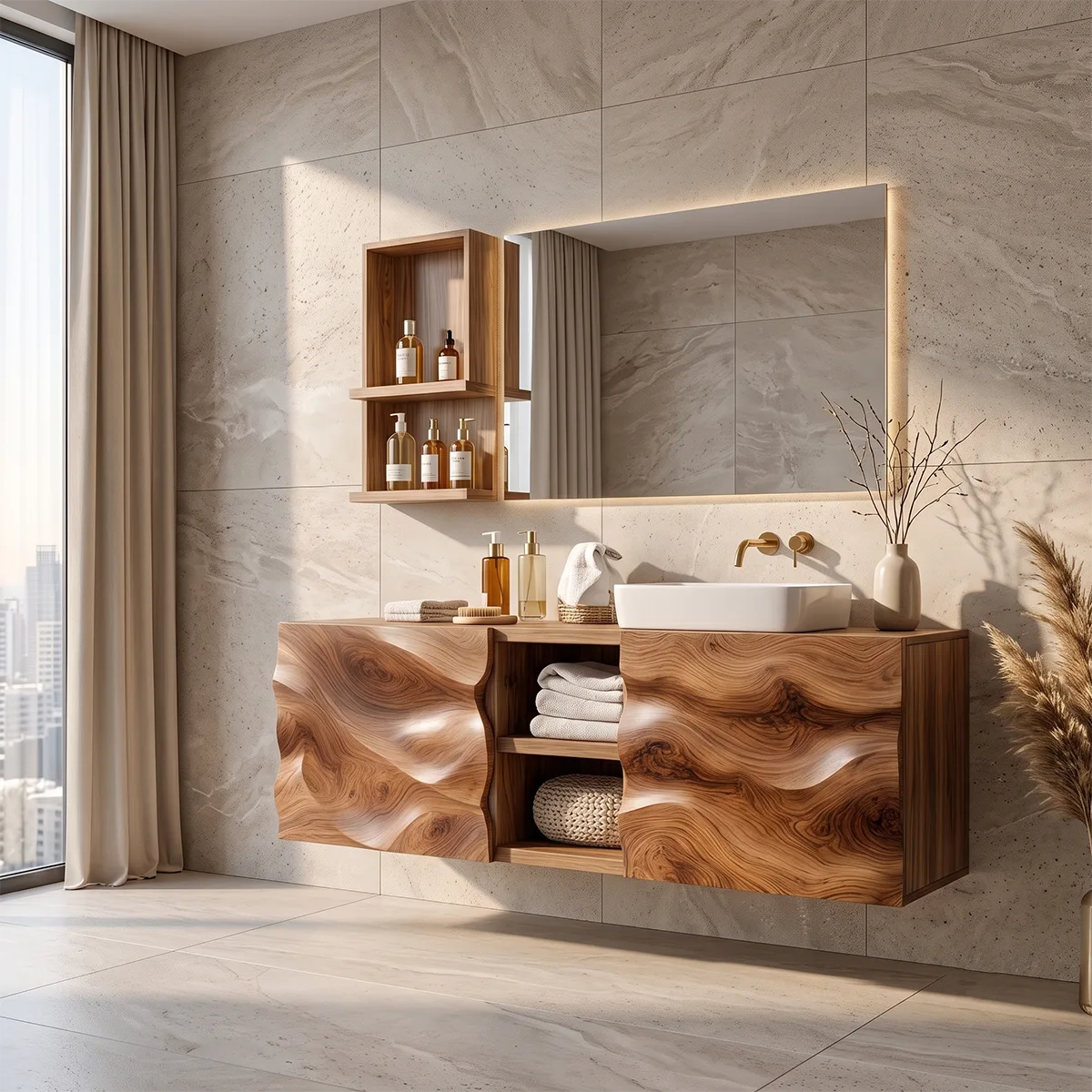 Modern Floating Bathroom Vanity with Sculpted Wave Front | Wall Mounted Bathroom Vanity TH003-3JBW4WW