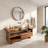 Live Edge Bathroom Vanity with Open Shelf & Drawers | Modern Organic Bathroom Cabinet