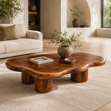 Modern Solid Wood Coffee Table with Organic Freeform Top & Chunky Pedestal Legs TT006-8265