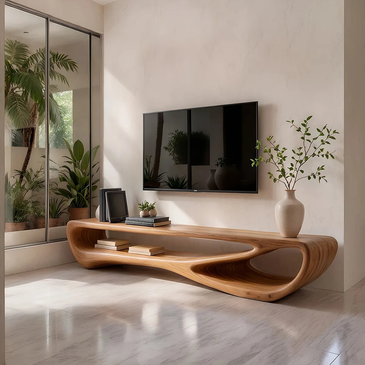 Organic Modern TV Stand with Sculptural Open Shelving & Curved Silhouette TT006-8QOM3WX