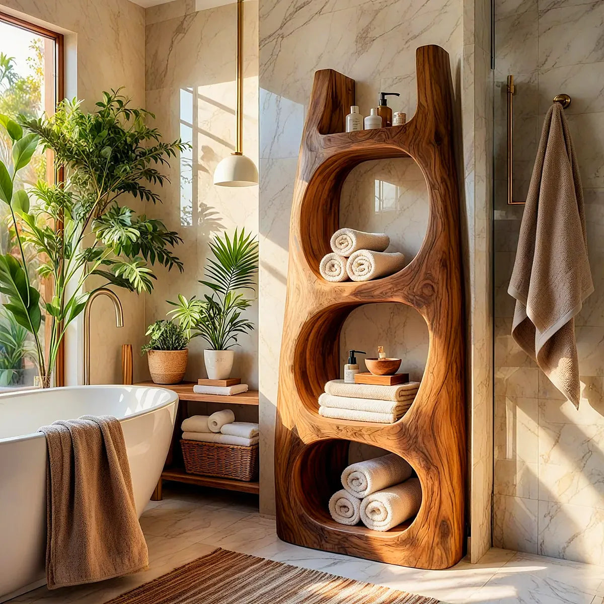 Tall Bathroom Storage Cabinet with Open Compartments & Top Shelf | Sculptural Organic Design