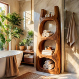 Tall Bathroom Storage Cabinet with Open Compartments & Top Shelf | Sculptural Organic Design