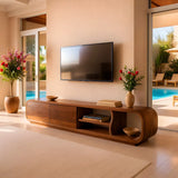 Modern Curved TV Stand with 2 Concealed Storage Compartments & Open Shelving | Sculptural Media Console