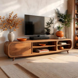 Modern TV Stand with Enclosed Storage & 4 Open Shelves | Curved Media Console