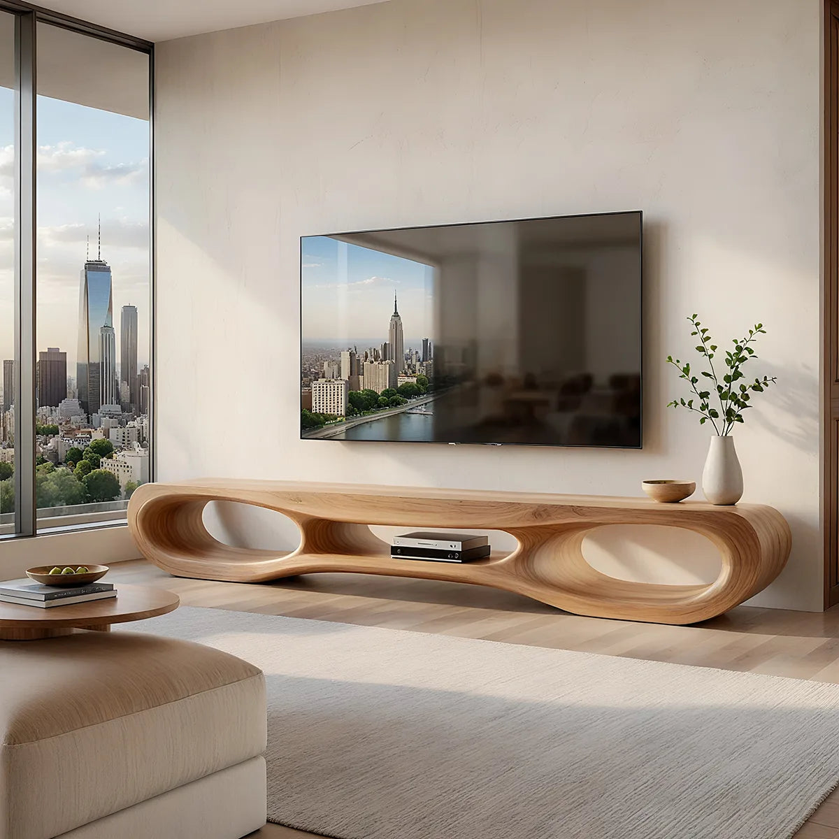 Organic Modern TV Stand with Triple Open Shelving & Sculptural Curved Design TT006-3KAV6WJ