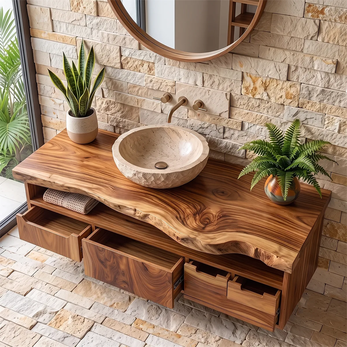 Organic Live Edge Floating Bathroom Vanity with Open Storage & Multi-Drawer Cabinet TH003-3OXF9BY