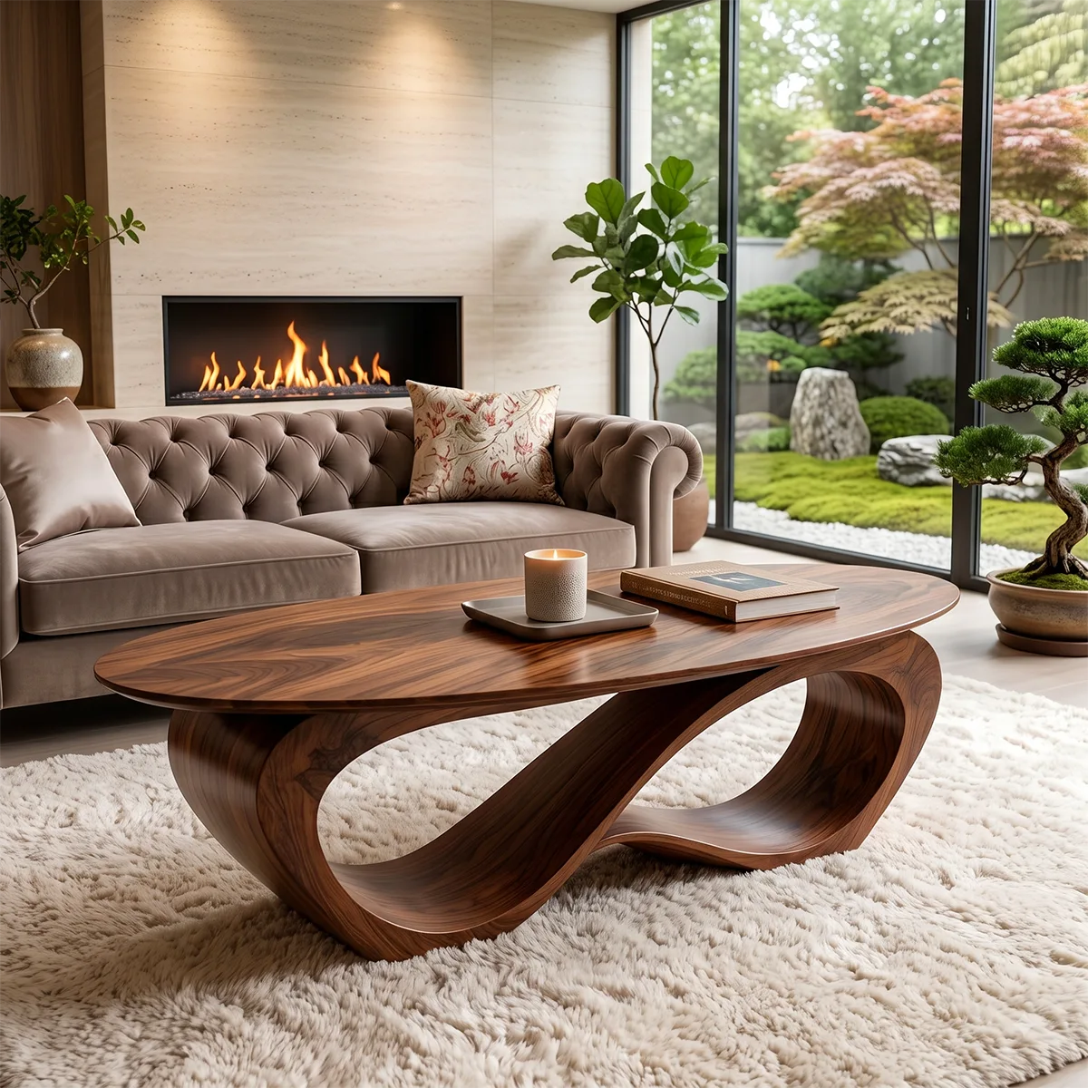 Sculptural Oval Coffee Table | Organic Modern Wave Base Living Room Center Table