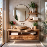 Floating Solid Wood Bathroom Vanity | Modern Bathroom Vanity with Double Drawers and Open Shelf TT006-7HIS6ML