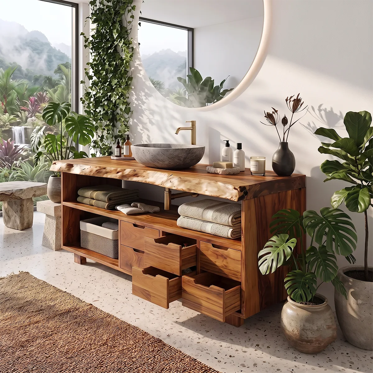 Live Edge Bathroom Vanity with Open Shelving & Multi-Drawer Storage TH003-9EZH8IM