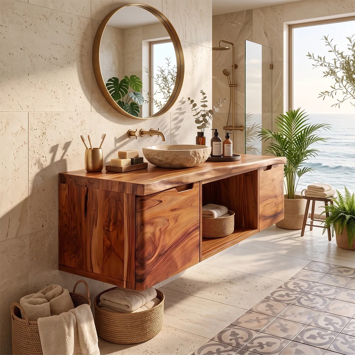 Floating Solid Wood Bathroom Vanity | Live Edge Bathroom Vanity with Double Door Storage and Open Shelf TT006-5OZQ9AW