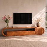 Modern TV Stand with 3 Drawers, Open Shelf & Fluted Cabinet | Curved Media Console