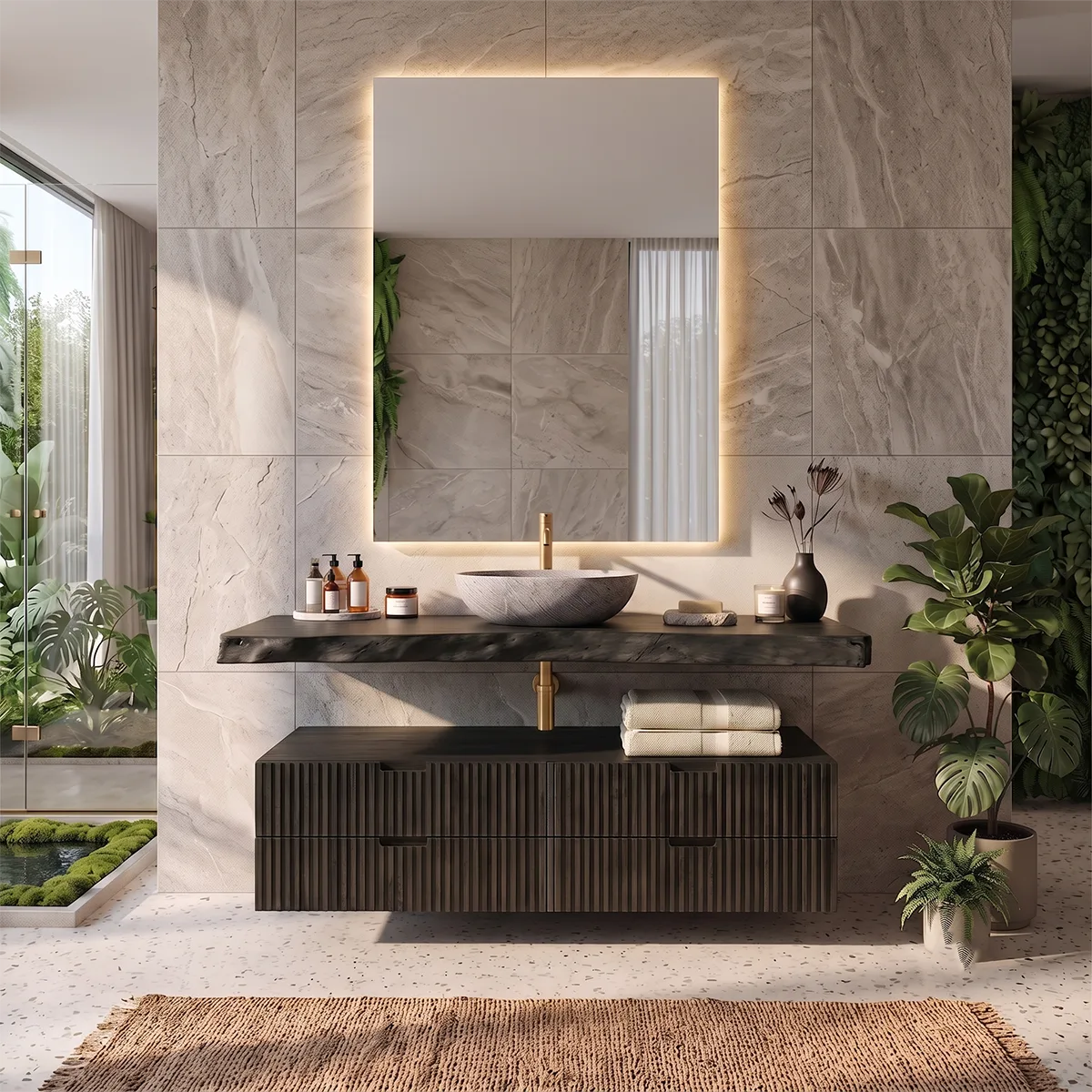 Floating Fluted Bathroom Vanity | Modern Live Edge Wood Vanity TH003-8BWH6MI