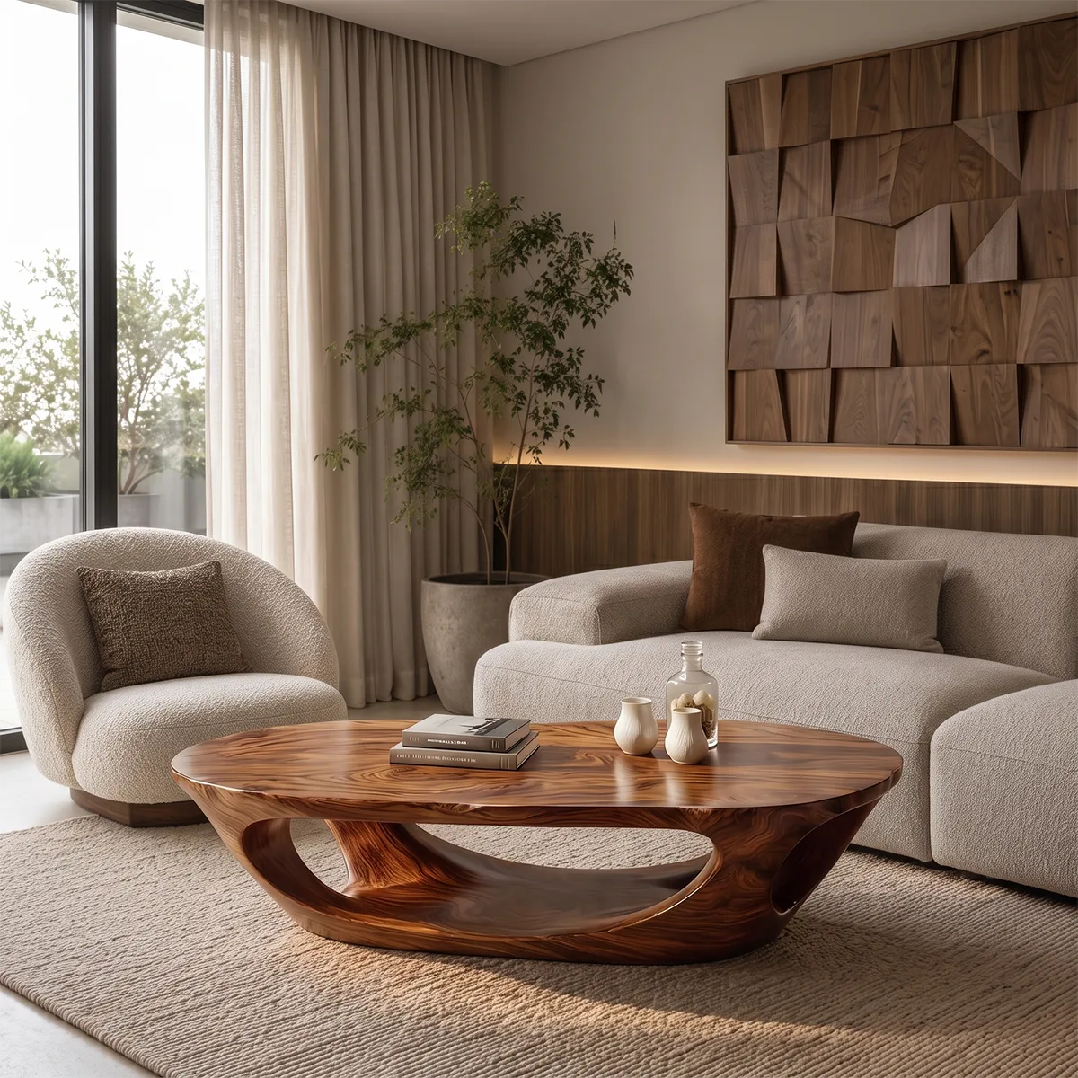 Sculptural Organic Coffee Table with Open Shelf | Modern Curved Living Room Center Table
