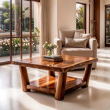 Solid Wood Square Coffee Table | Modern Rustic Coffee Table with Storage Shelf TT006-4921