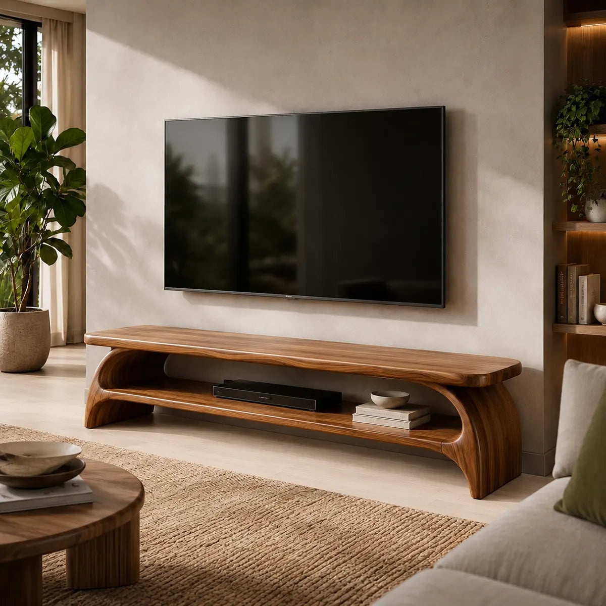 Organic Modern TV Stand with Sculptural Open Shelf & Curved Waterfall Design TT006-2BHV8AL