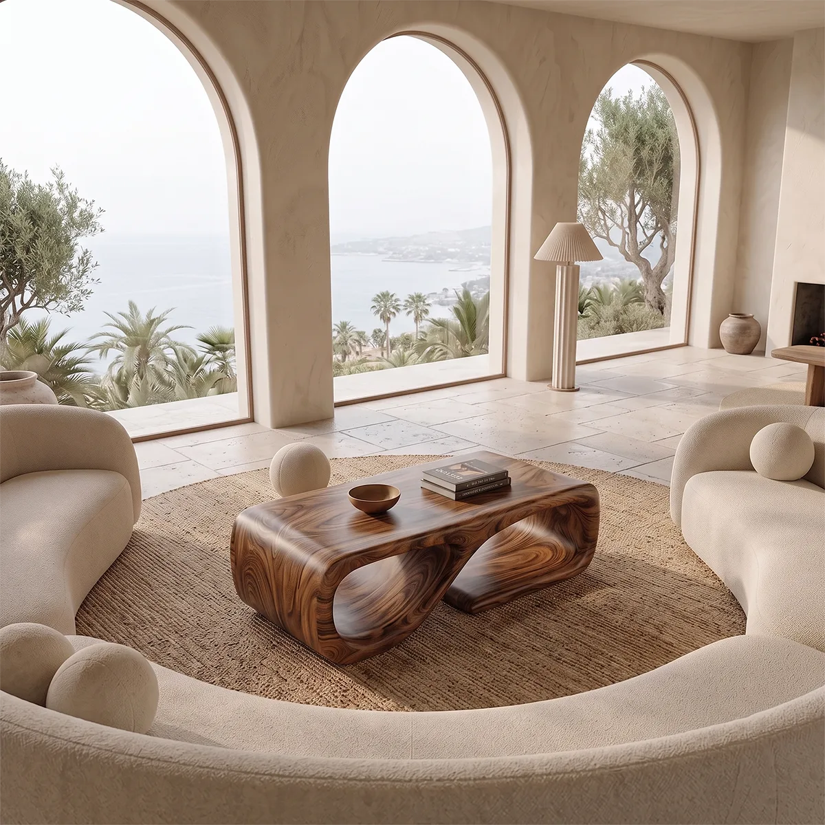Sculptural Rectangular Coffee Table with Open Shelf | Organic Modern Rounded Center Table