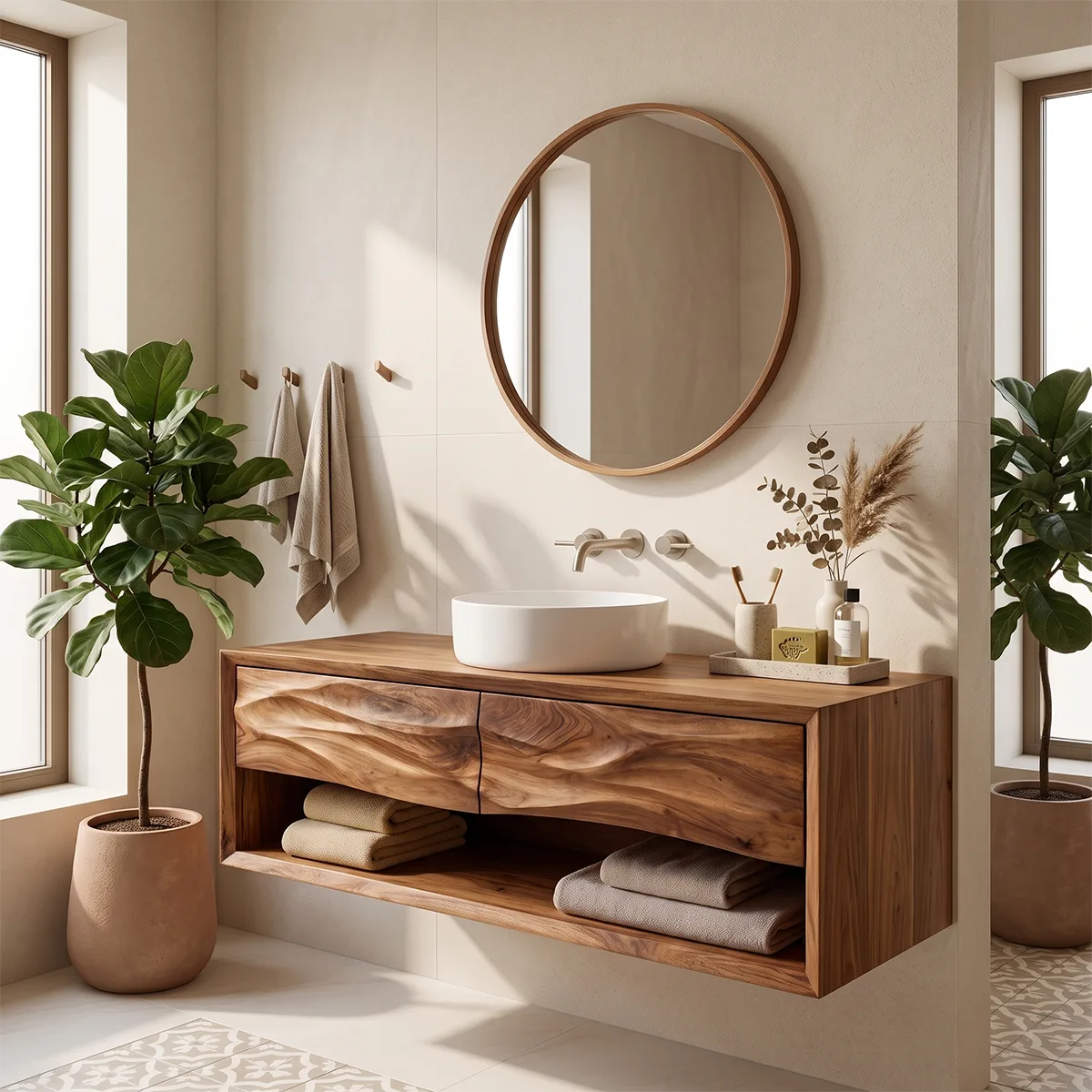 Floating Bathroom Vanity with 2 Sculpted Wave Drawers & Large Open Storage Shelf