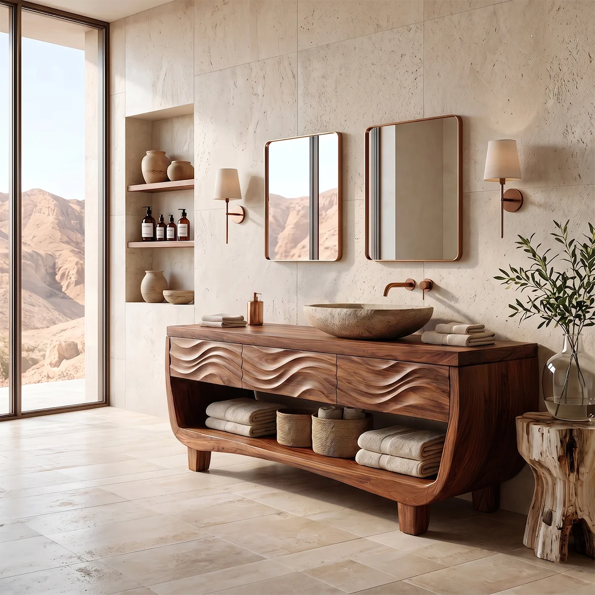 Sculptural Bathroom Vanity with Carved Wave Drawers & Open Storage Shelf