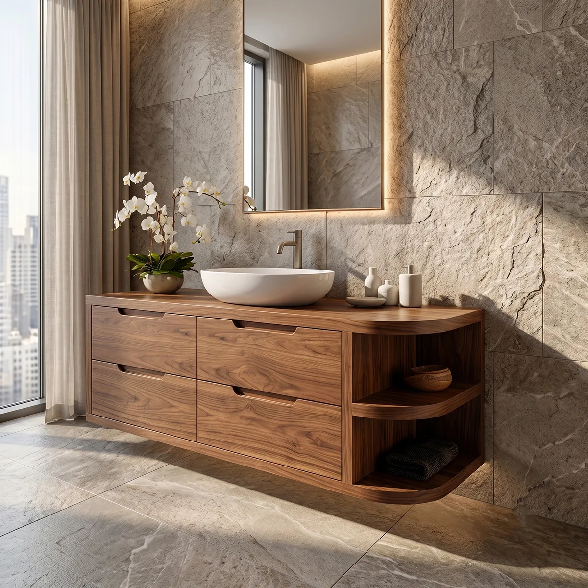 Floating Bathroom Vanity with 4 Drawers & Open Shelves | Modern Wall Mounted Vanity