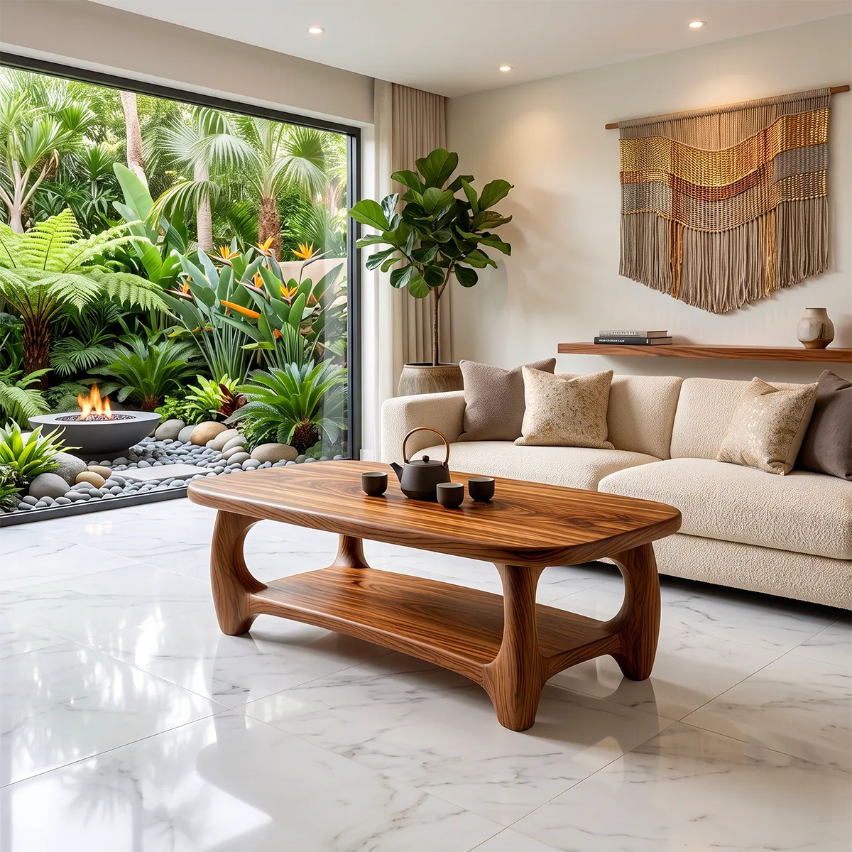 Modern Coffee Table with Open Shelf | Rounded Rectangle Center Table for Contemporary Living Room TH003-8562