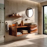 Floating Bathroom Vanity with Sculpted Cabinet & Open Shelf | Modern Wall Mounted Vanity