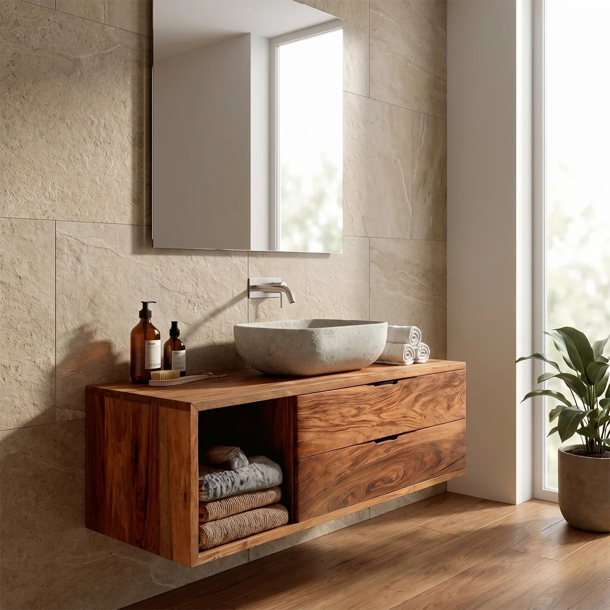 Floating Bathroom Vanity with 2 Drawers & Open Shelf | Modern Wall Mounted Vanity