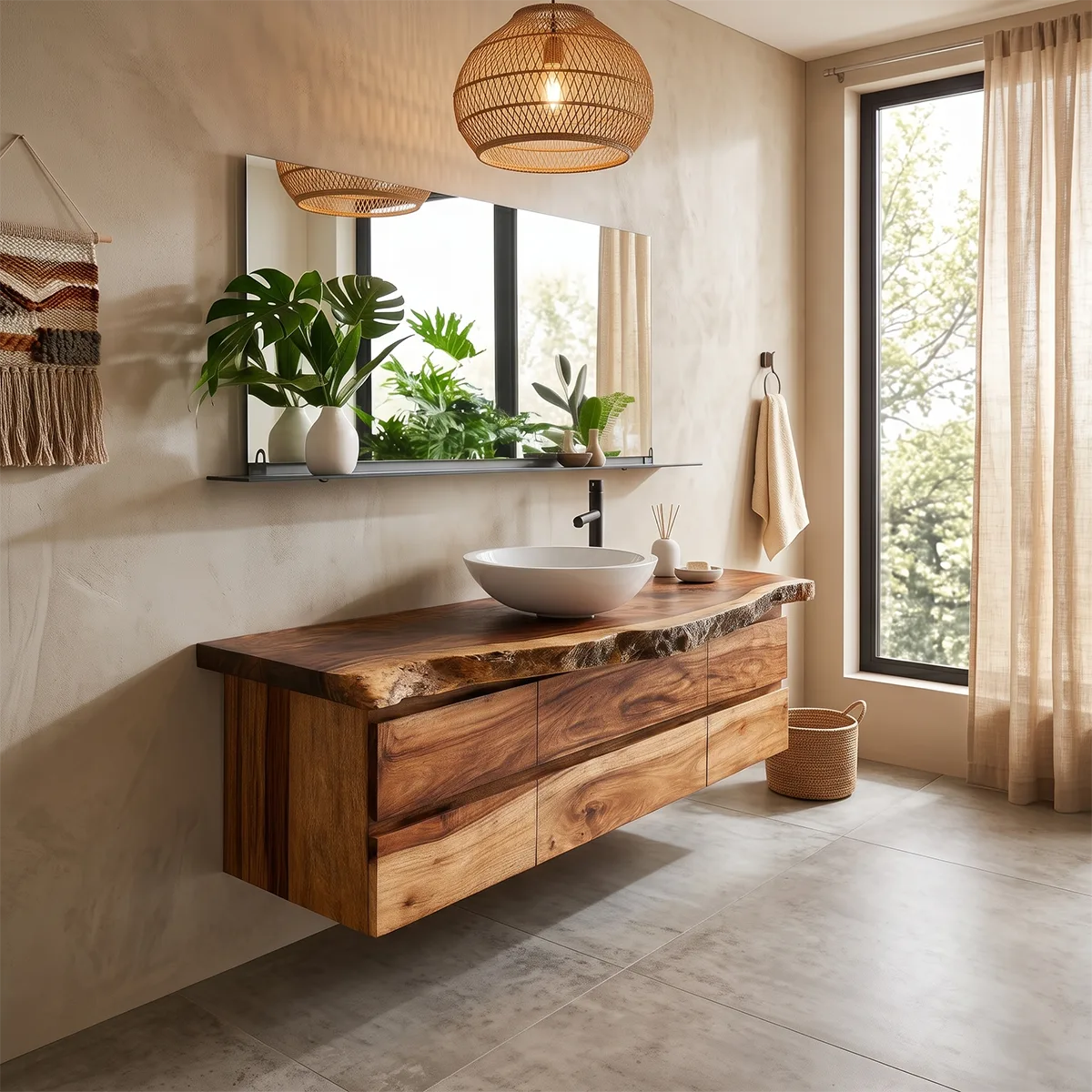 Live Edge Floating Bathroom Vanity with 6 Drawers | Modern Wall Mounted Bathroom Cabinet